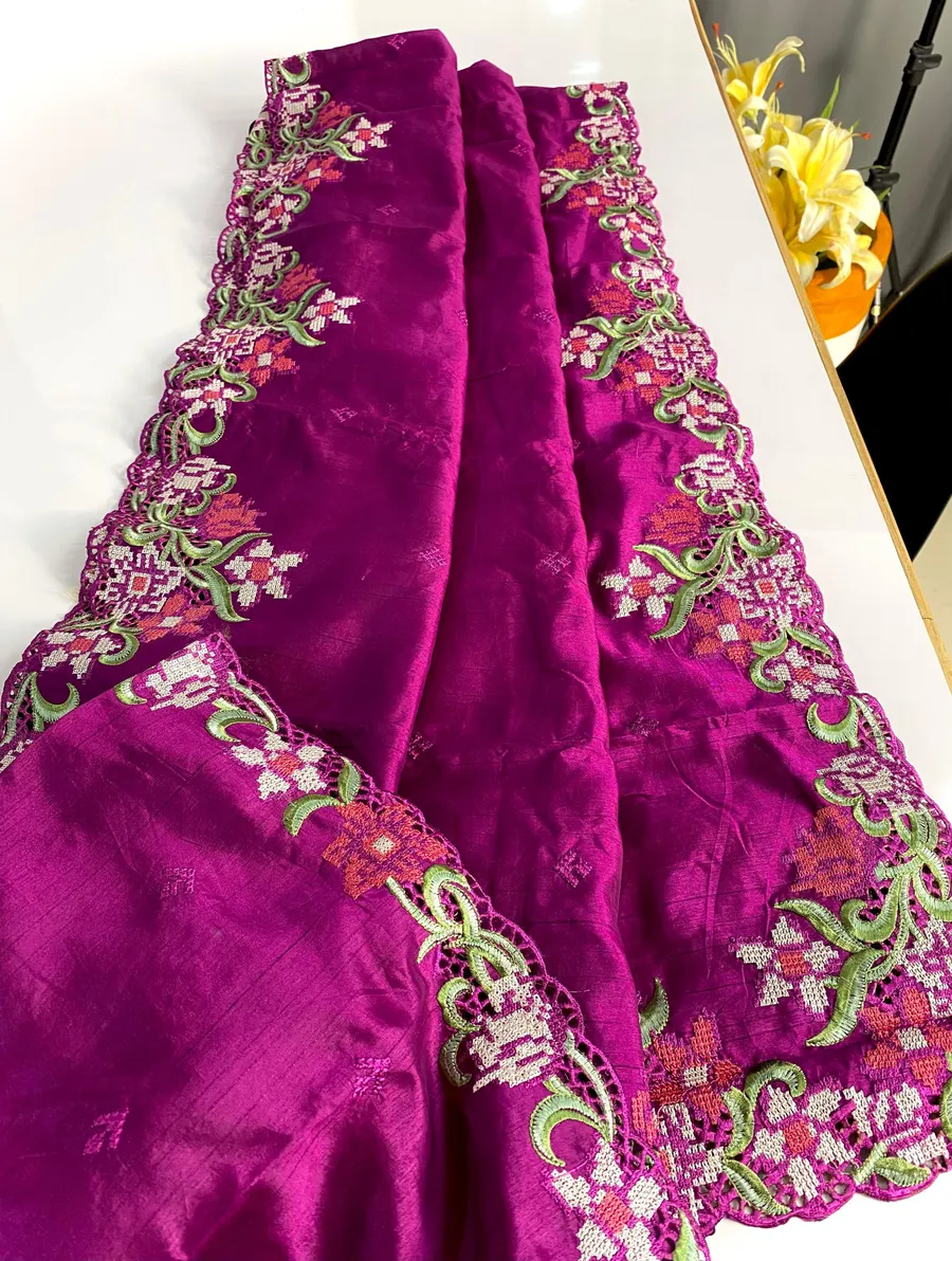 Pure Tussar Silk Saree with Cut-Work Design